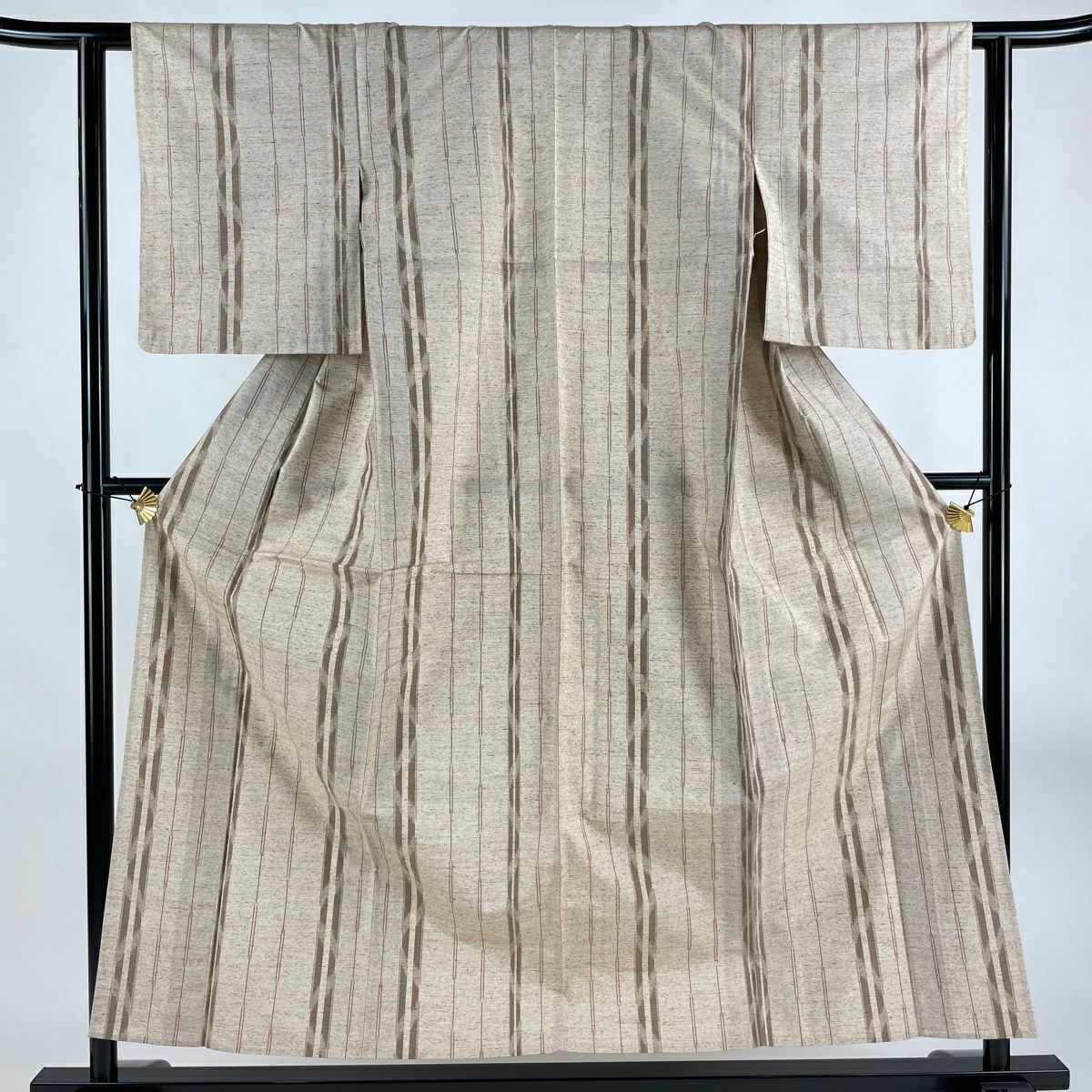 紬 身丈150.5cm 裄丈60.5cm S 袷 丹波布 バチ衿 胴抜き 縦縞 薄茶色 綿  