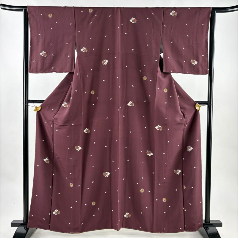 小紋 身丈160.5cm 裄丈64cm M 袷 うさぎ 手鞠 金彩 赤紫 正絹 名品