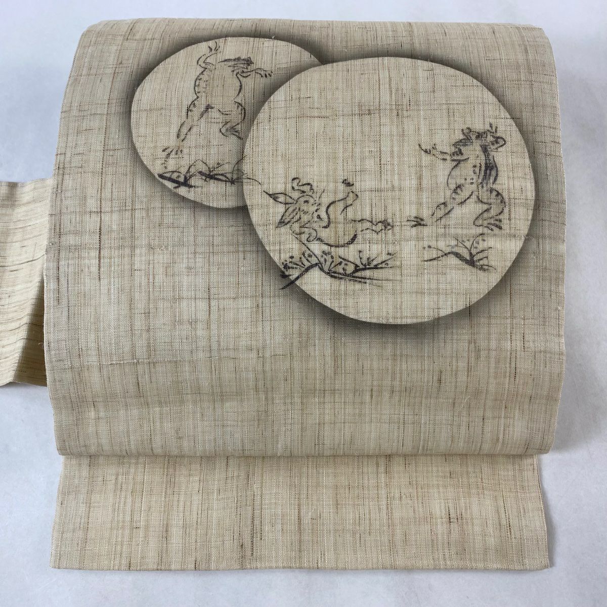 袋帯 美品 名品 鳥獣戯画 霞 金通し 箔 ベージュ お太鼓柄 正絹 袋帯 美品 名品 鳥獣戯画 霞 金通し 箔 ベージュ お太鼓柄 正絹