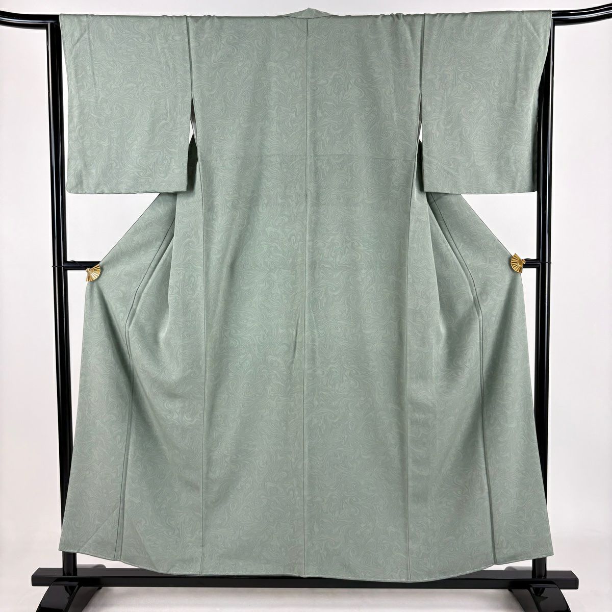 小紋 身丈160cm 裄丈68cm L 袷 鈴乃屋 墨流し 灰緑 正絹 名品｜中古