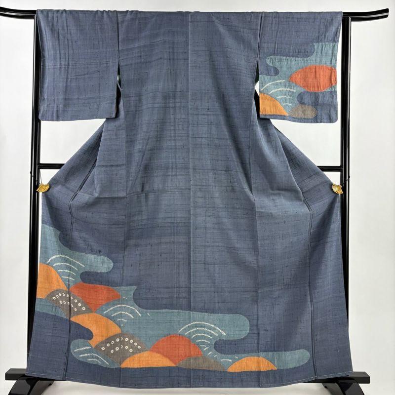 付下げ 身丈163.5cm 裄丈64.5cm M 袷 紬地 ヱ霞 青海波 絞り 染 青灰色
