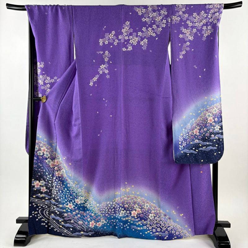 321 振袖フルセット 正絹 青紫 銀彩 刺繍 暈し染め 華やか ギャル 参列振袖[今田美桜]濃い青に銀黒の大きな牡丹と乱菊[身長172cmまで]No