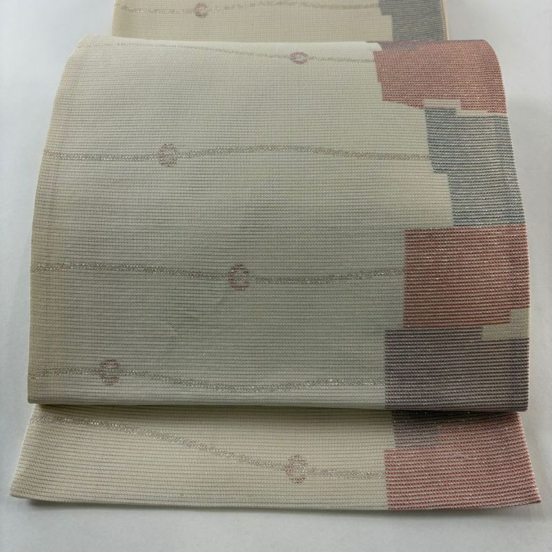 夏帯セール〉夏帯 八寸名古屋帯 ベージュ 幾何学模様 絽 正絹 仕立済 夏帯セール〉夏帯 八寸名古屋帯 ベージュ 幾何学模様 絽 正絹 仕立済