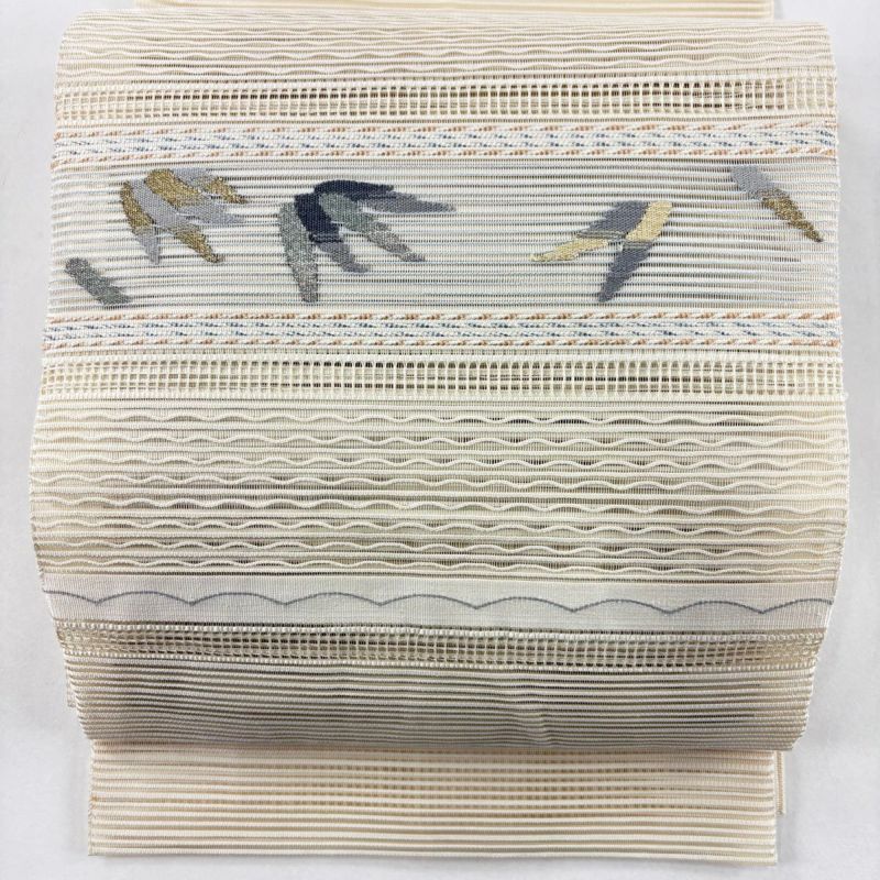 美品】 名古屋帯 秀品 夏帯 絽 八寸名古屋帯 松葉仕立て 葉 縞 金銀糸