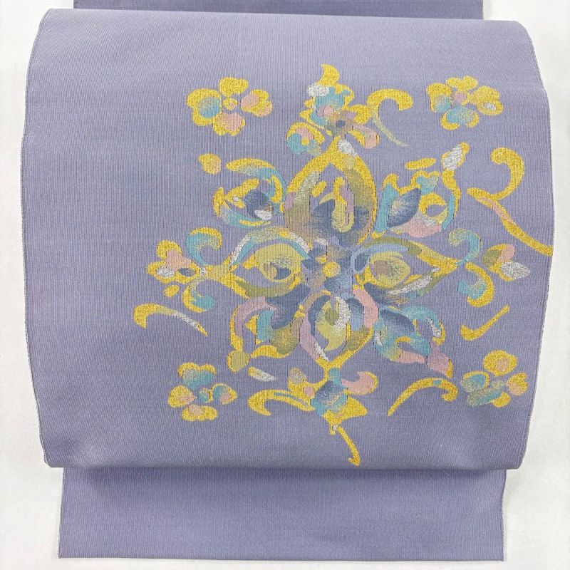 d*9様 ●厳選●未使用同然●珍しい裂織●名古屋帯●松葉仕立●372.5㎝●裂き 中古）名古屋帯 黒 カジュアル 松葉仕立て 織り 幾何学 花草文 絹