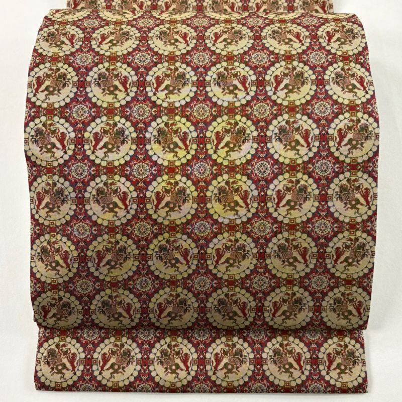 美品】 開き名古屋帯 名品 龍村美術織物 獅子狩文錦 赤 正絹｜中古