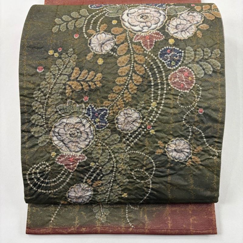 美品】 袋帯 名品 関西仕立て 辻が花 幾何学模様 箔 銀糸 茶緑色