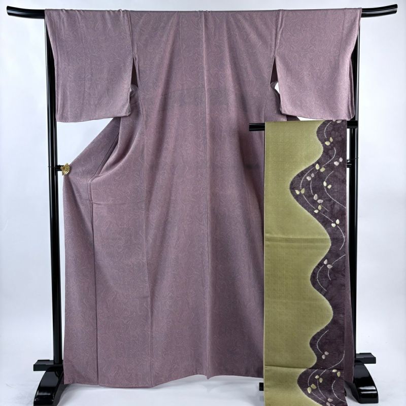 【小紋】正絹　紫色　ご奉仕価格❣️ 美品】小紋 友禅 縦暈し 紫濃淡 アラベスク文 正絹 袷 身丈：約158cm