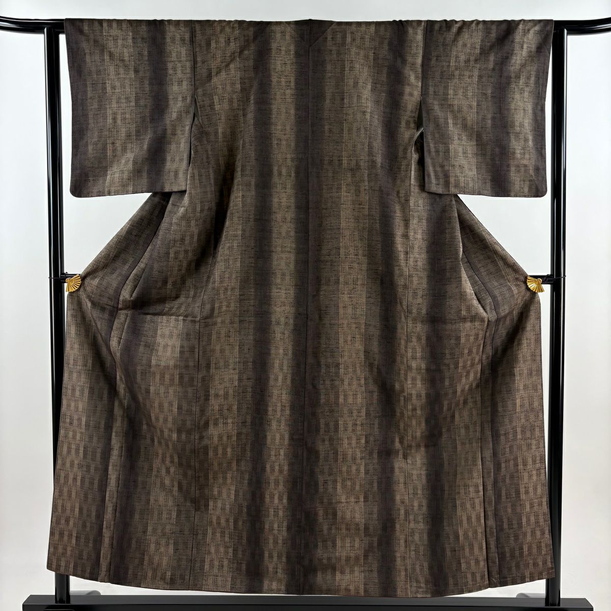 美品】 紬 身丈161cm 裄丈66.5cm M 袷 名古屋帯セット 縦縞模様 焦茶色