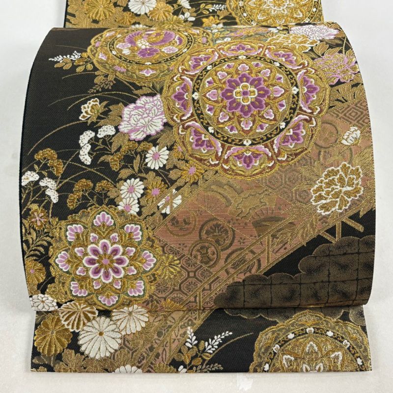 美品】 袋帯 逸品 じゅらく 落款あり じゅらく帝王紫 鏡裏文 秋草文