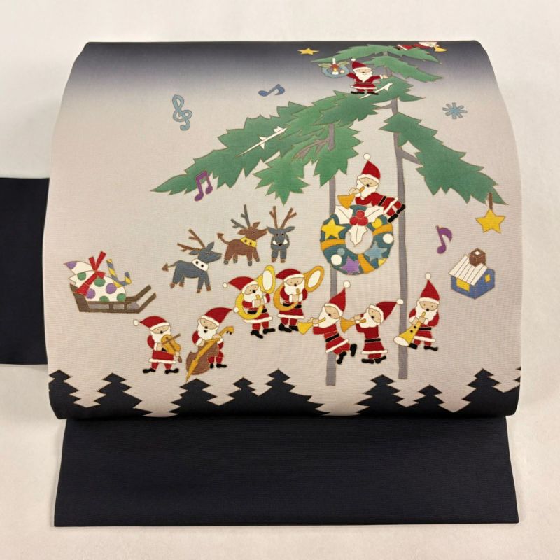 名古屋帯 逸品 サンタクロース トナカイ 金彩 濃紺 正絹｜中古・古着