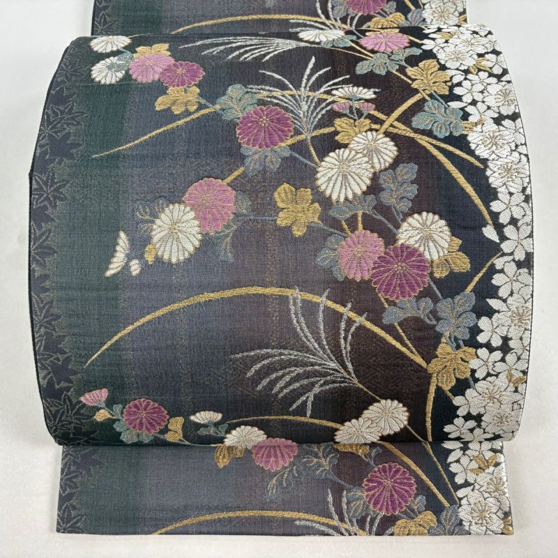 美品】 袋帯 逸品 じゅらく 落款あり 帝王紫 菊 桜楓 金銀糸 箔 濃紫