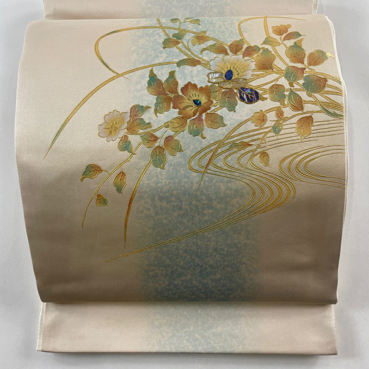 【一部予約販売】 袋帯 秀品 正絹｜中古 お太鼓柄 ベージュ 箔 金彩 人物 絵札 着物・浴衣