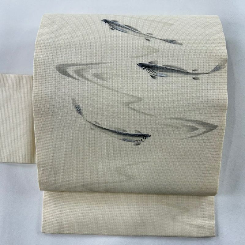 未使用品 名古屋帯 絽 夏 アイスグレー 水仙 長さ3m68cm お洒落 正絹