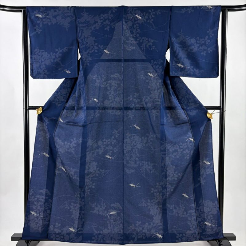 単衣　紬　着物　小紋　フルセット　正絹　紺　しつけ糸　トールサイズ　B1 美品】 小紋 身丈161cm 裄丈63cm S 薄物 夏紬地 バッタ 秋草 銀糸 紺色