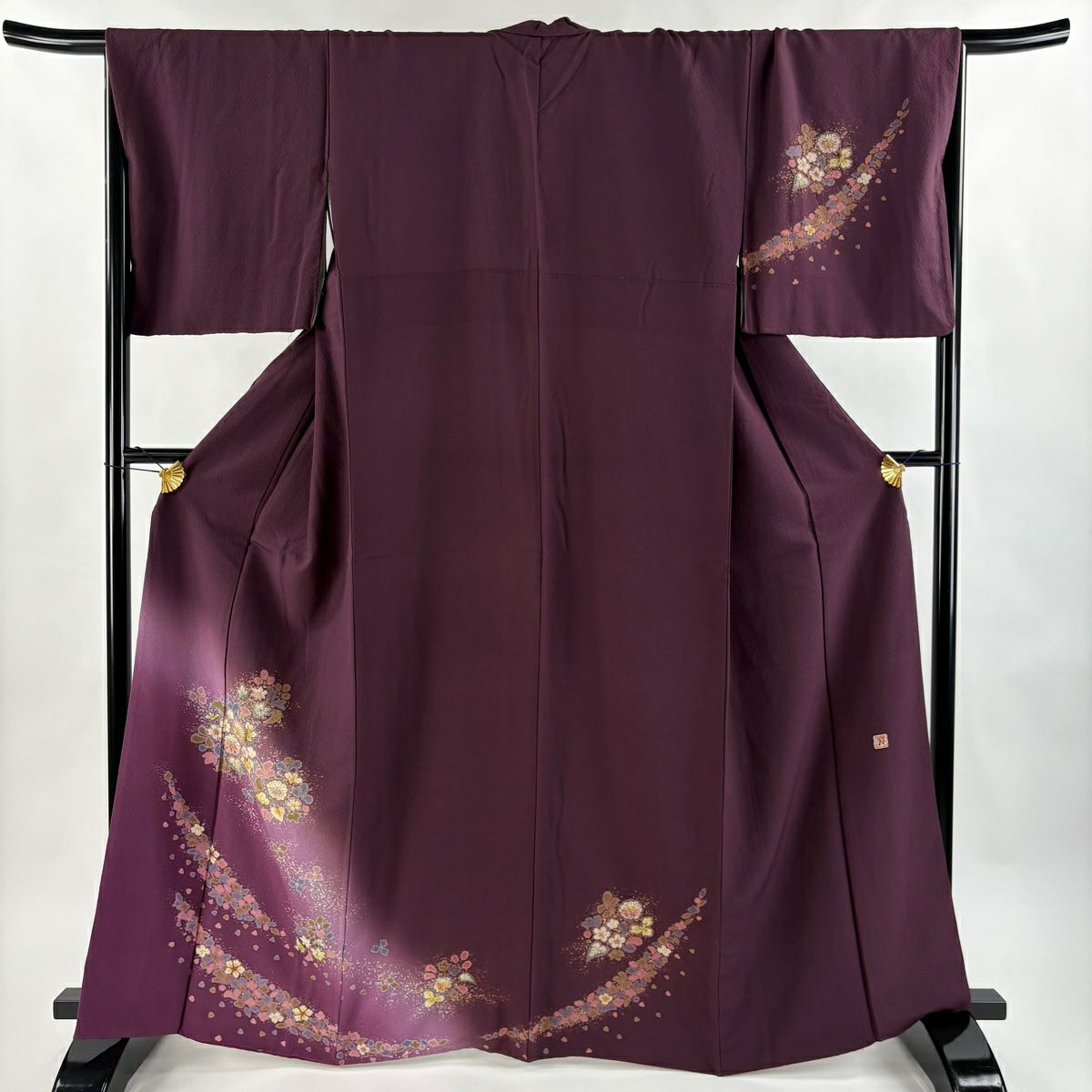 付下げ 身丈155cm 裄丈64cm M 袷 柿しぶ手染 落款あり 華文 草花 金彩