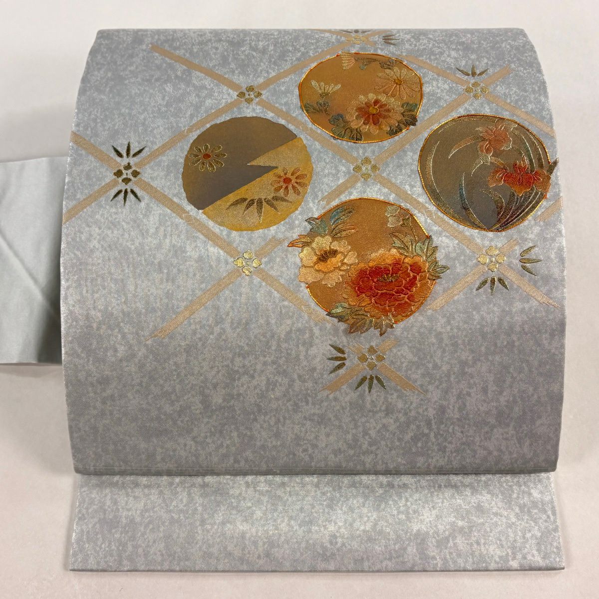 最終値引き】 77%OFF 【美品】 袋帯 秀品 扇面 草花 螺鈿 金彩 銀色