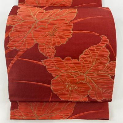 流れ模様 金糸 赤茶色 太鼓 正絹 薄物 夏用 絽 紗 フォーマルな袋帯