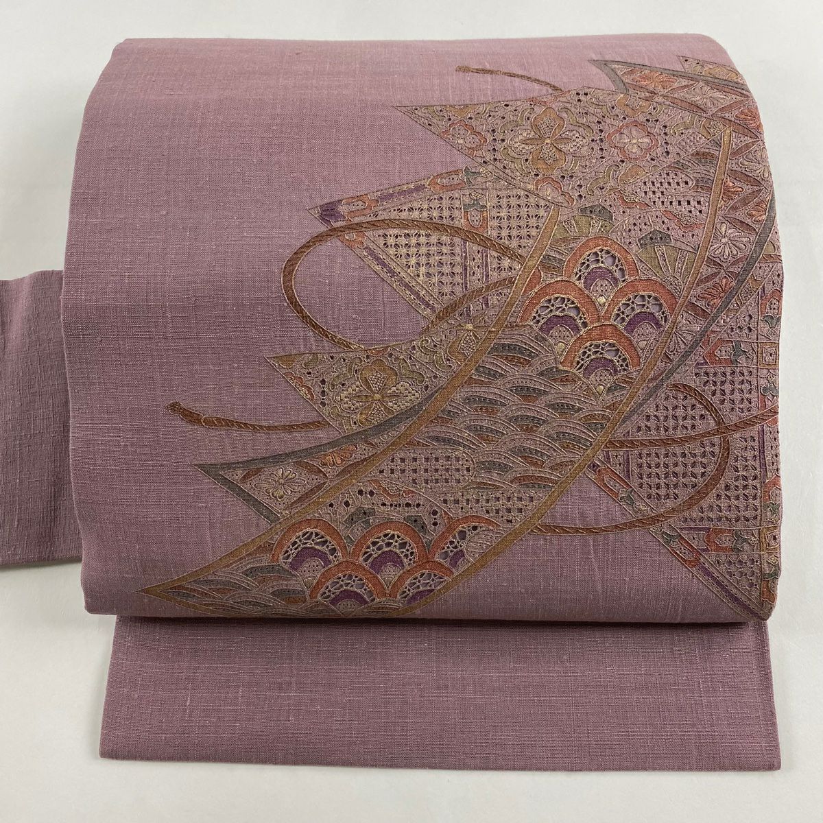 袋名古屋帯 秀品 扇 青海波 箔 金糸 薄茶色 正絹｜中古・古着