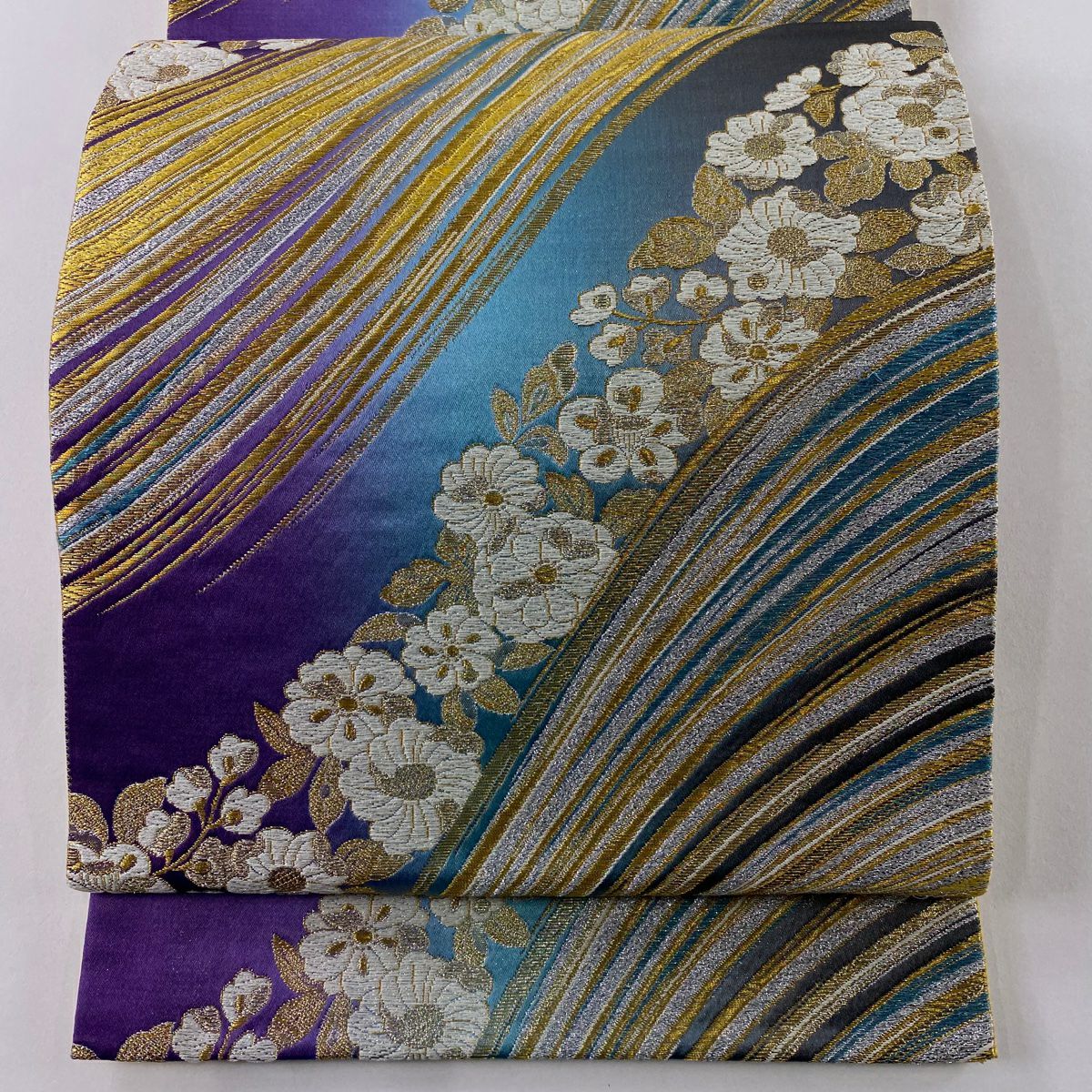 美品】 袋帯 秀品 振袖向き 辻が花柄 箔 金糸 青紫 六通 正絹｜中古