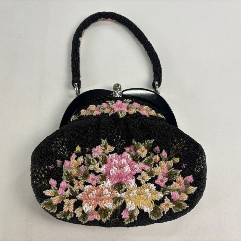 和装バッグ 優品 ビーズバッグフォーマル 草花 黒 ビーズ 和装小物