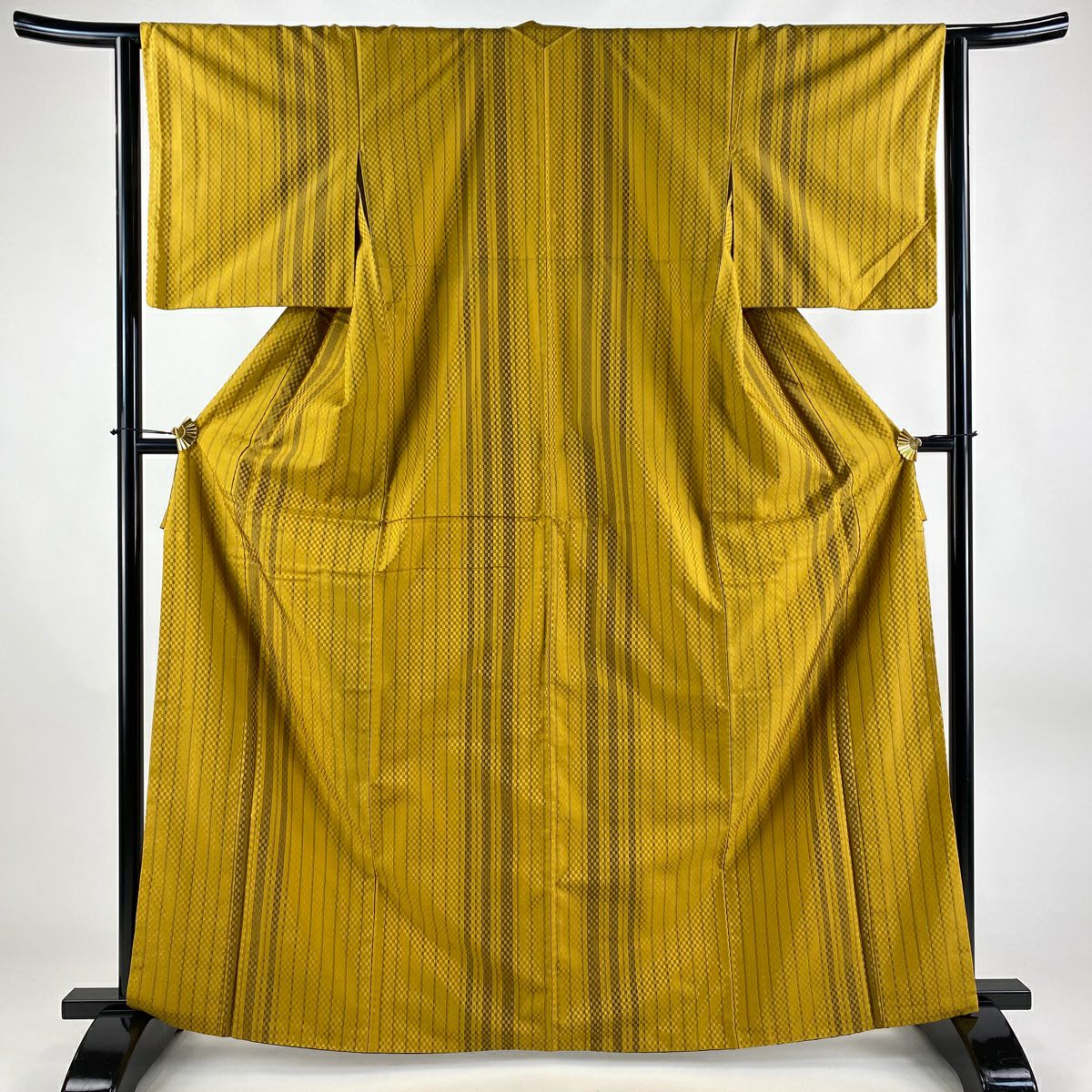 紬 身丈163cm 裄丈68cm L 袷 縦縞 花 山吹色 正絹 美品 名品