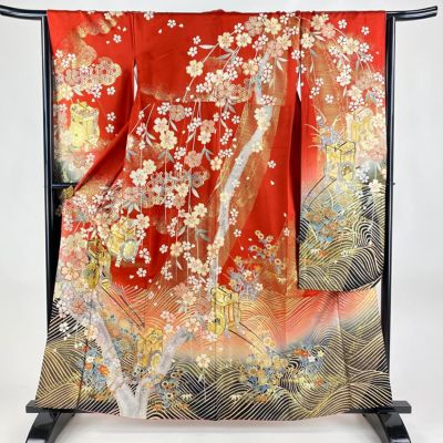 在庫一掃】 振袖 身丈160cm 裄丈66cm M 袷 御所車 草花 金糸