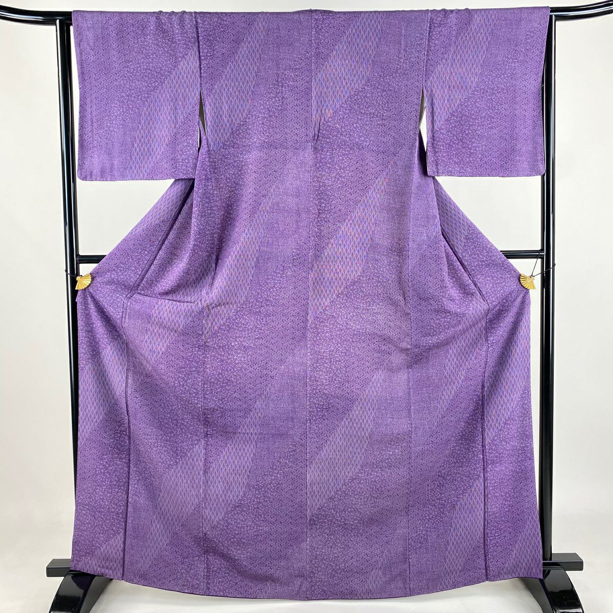紬 身丈160cm 裄丈63cm S 袷 幾何学 紫 正絹 秀品｜中古・古着
