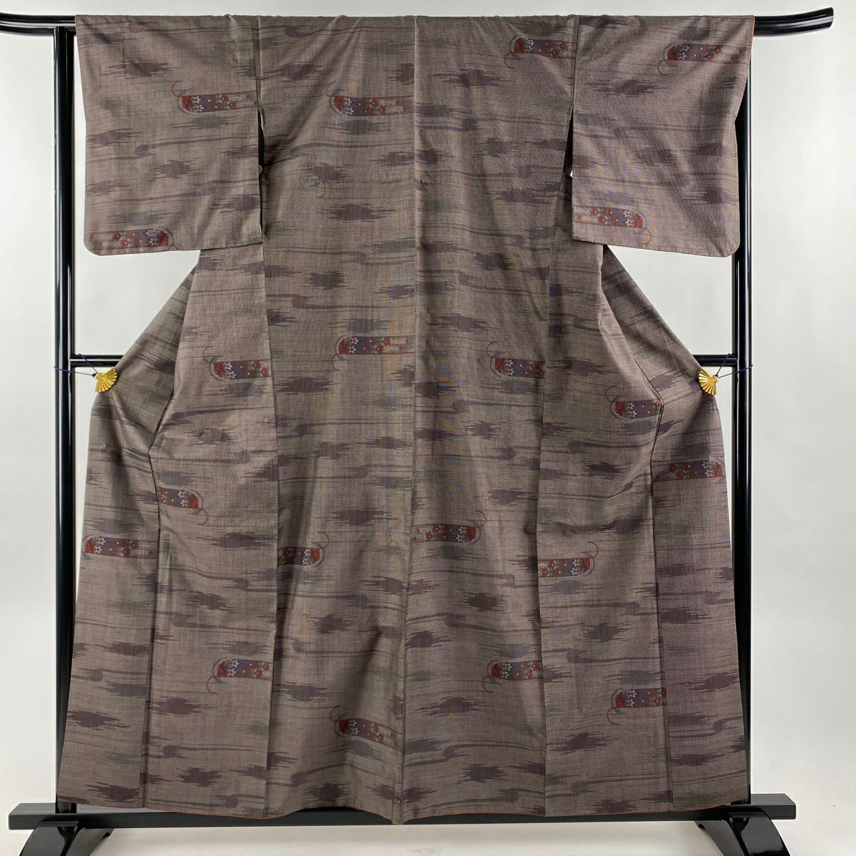 紬 身丈159.5cm 裄丈64.5cm M 袷 名古屋帯セット 枝花 幾何学 紬 身丈159.5cm 裄丈64.5cm M 袷 名古屋帯セット 枝花 幾何学