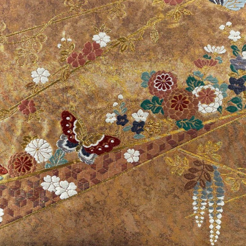 名古屋帯 美品 優品 蝶 草花 唐織 箔 金色 正絹｜中古・古着