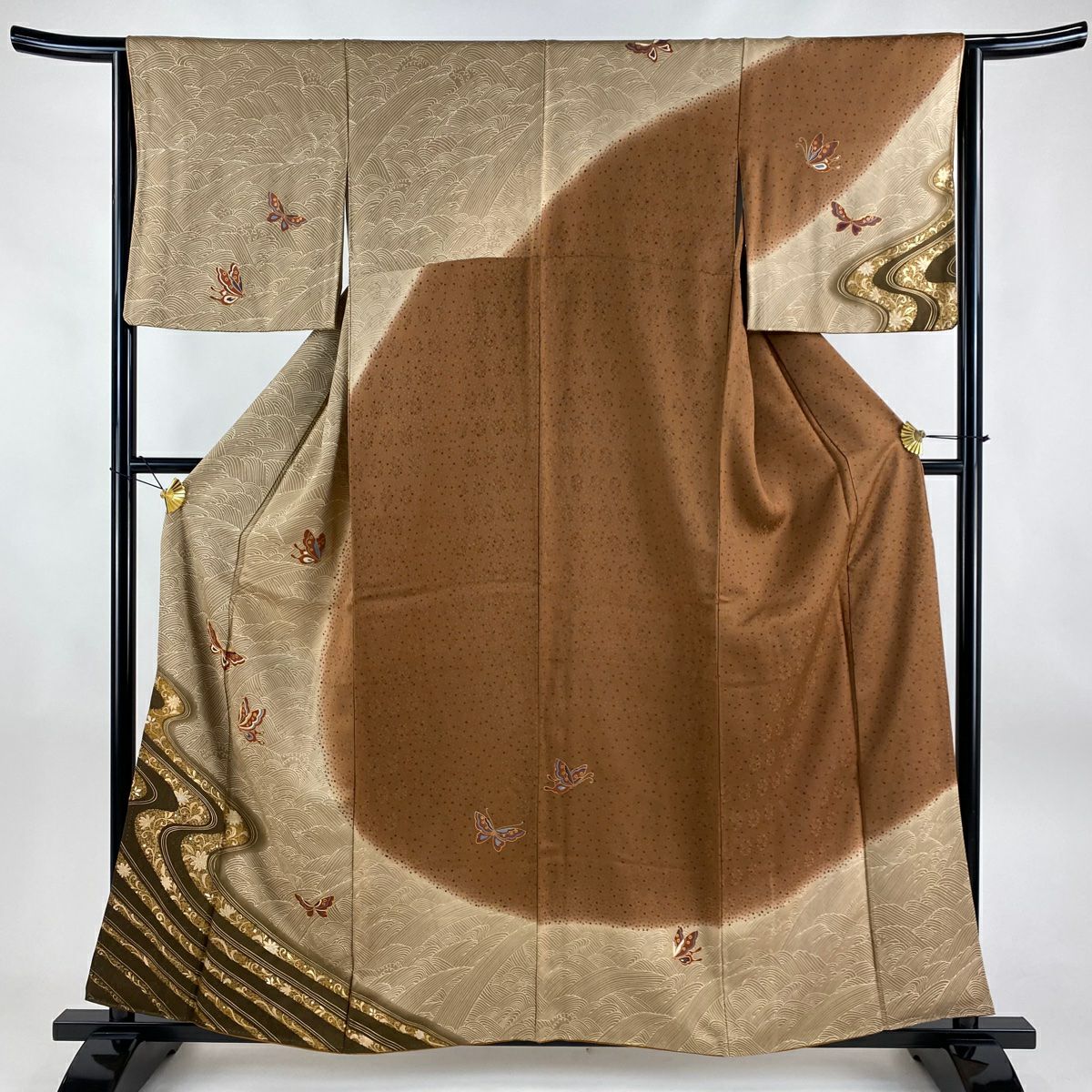 訪問着 身丈169cm 裄丈68cm L 袷 秋草 波 金彩 金糸 薄茶色 正絹