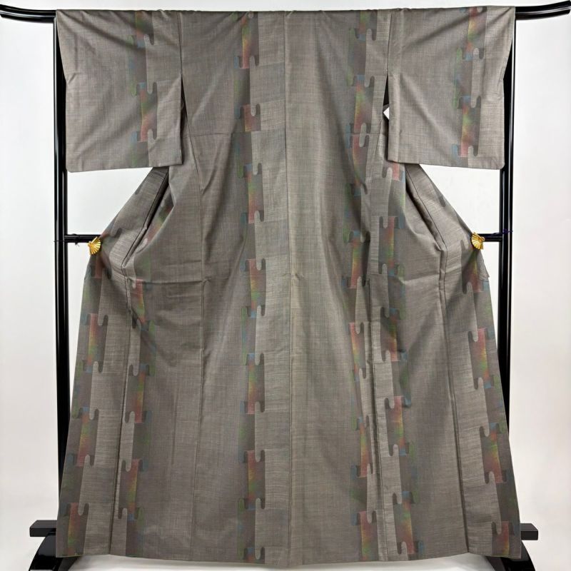 紬 身丈158cm 裄丈64cm M 袷 菱屋六右衛門 落款あり 花丸文 薄茶