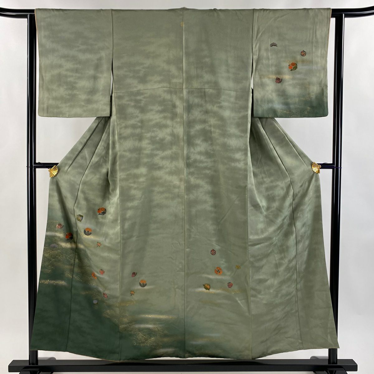 美品】 小紋 身丈154cm 裄丈62cm S 袷 草花 流水 刺繍 絞り 灰紫 正絹