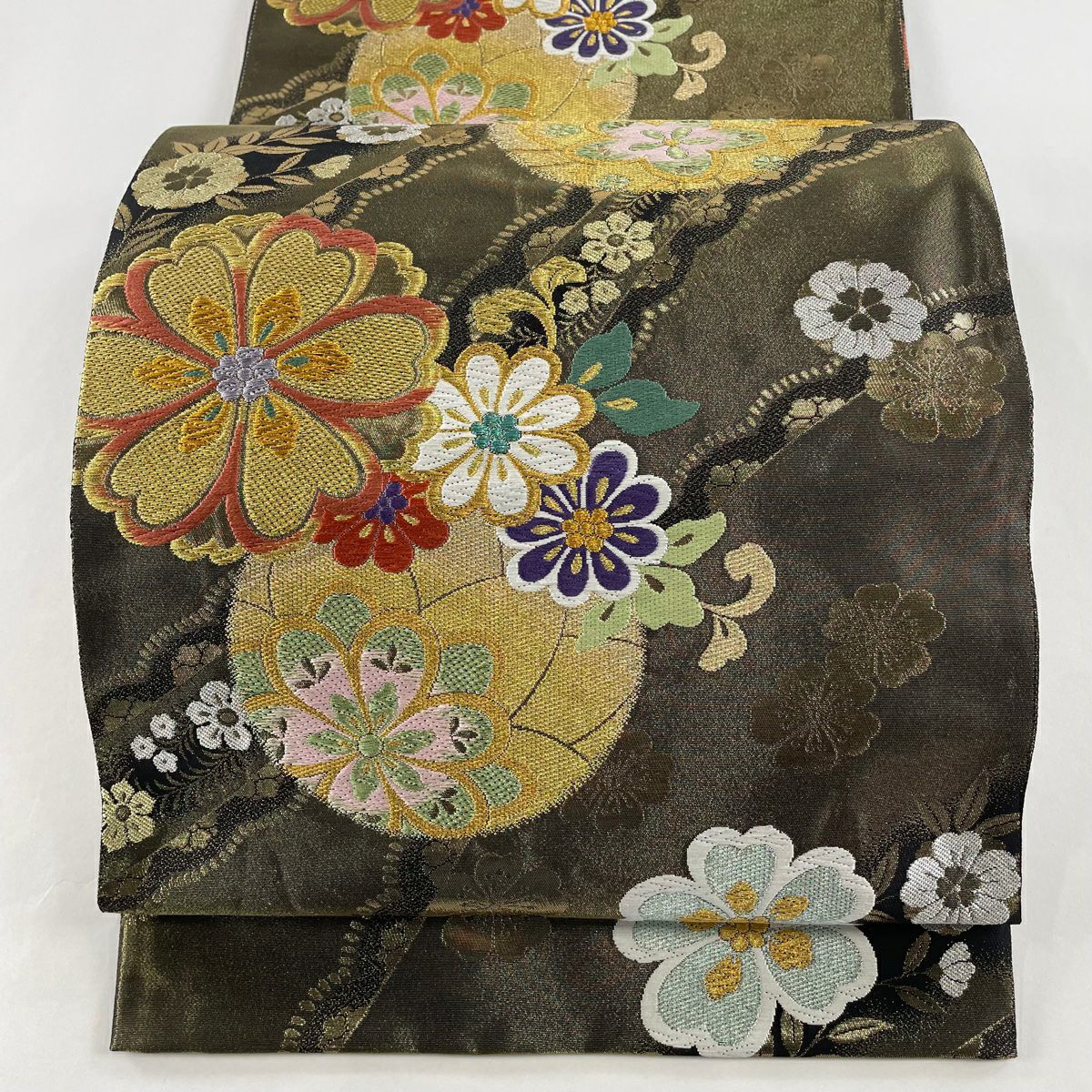 【おまけ付】 鳥 草花 秀品 美品 袋帯 金糸 正絹｜中古 六通 ベージュ 箔 着物・浴衣