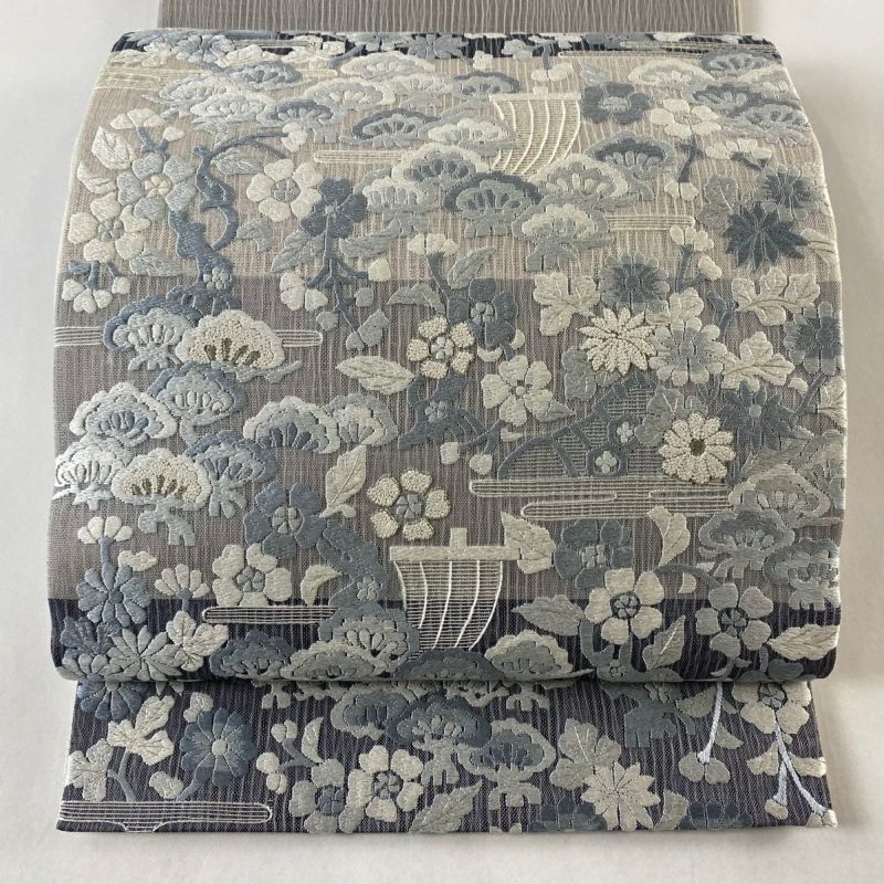 袋帯 美品 逸品 夏帯 草花 帆 刺繍 銀糸 灰紫 お太鼓柄 正絹|中古 