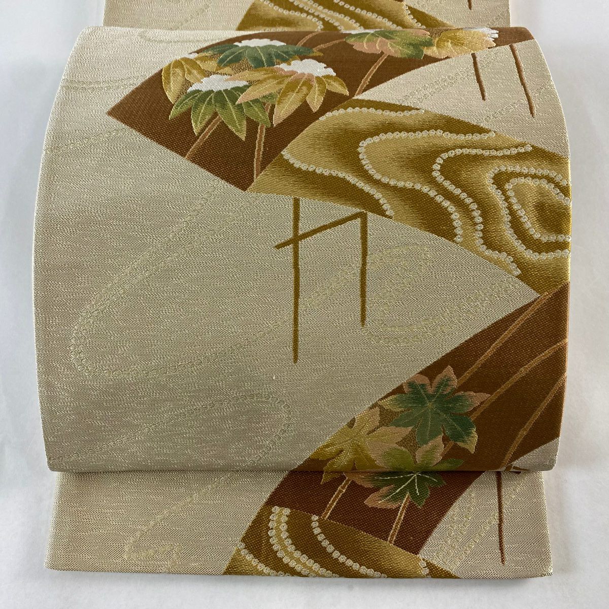 袋帯 美品 秀品 落款あり 紹巴 丸文 草花 金糸 箔 灰緑 六通 袋帯 美品 秀品 落款あり 紹巴 丸文 草花 金糸 箔 灰緑 六通