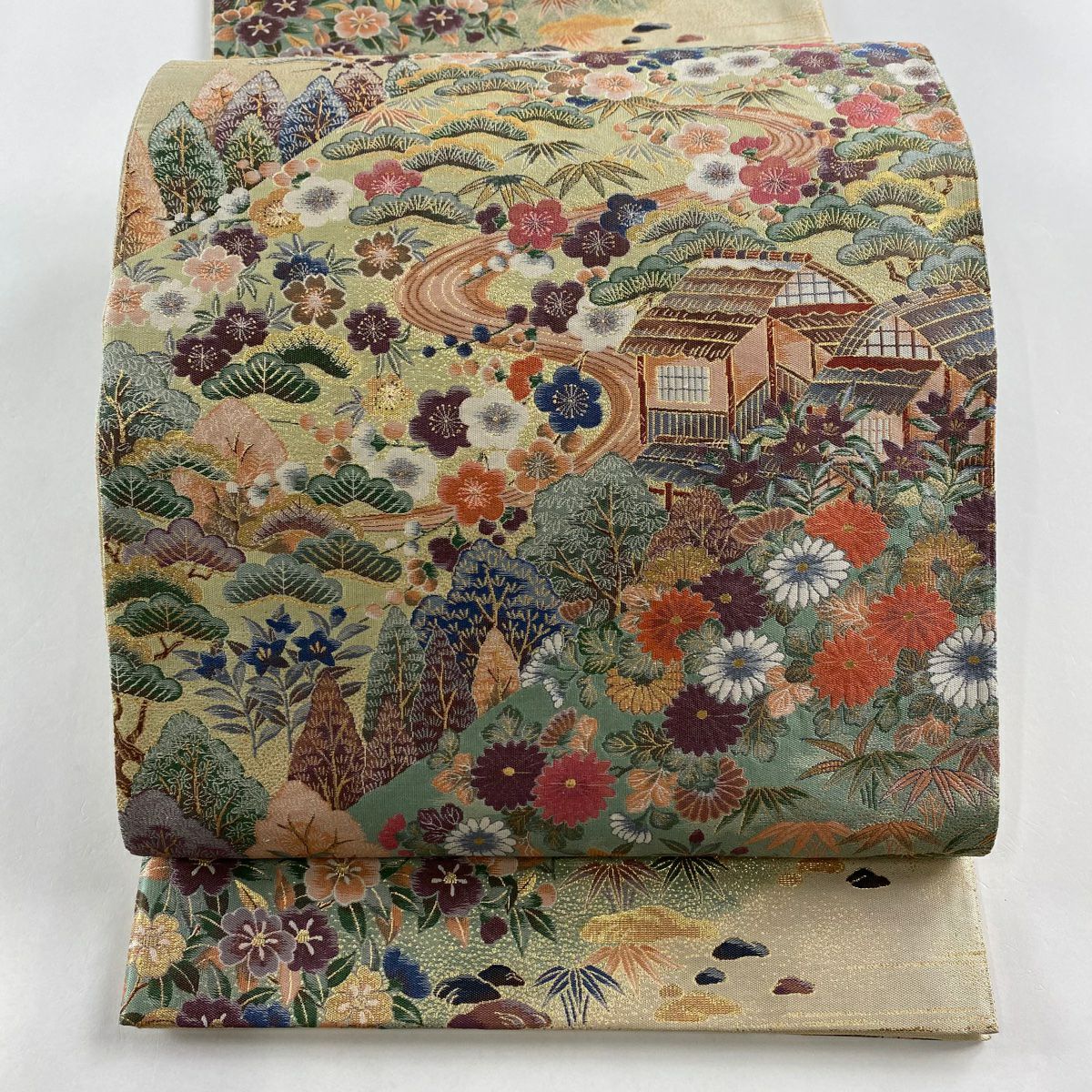 袋帯 美品 名品 花唐草 箔 刺繍 ベージュ 六通 正絹｜中古・古着