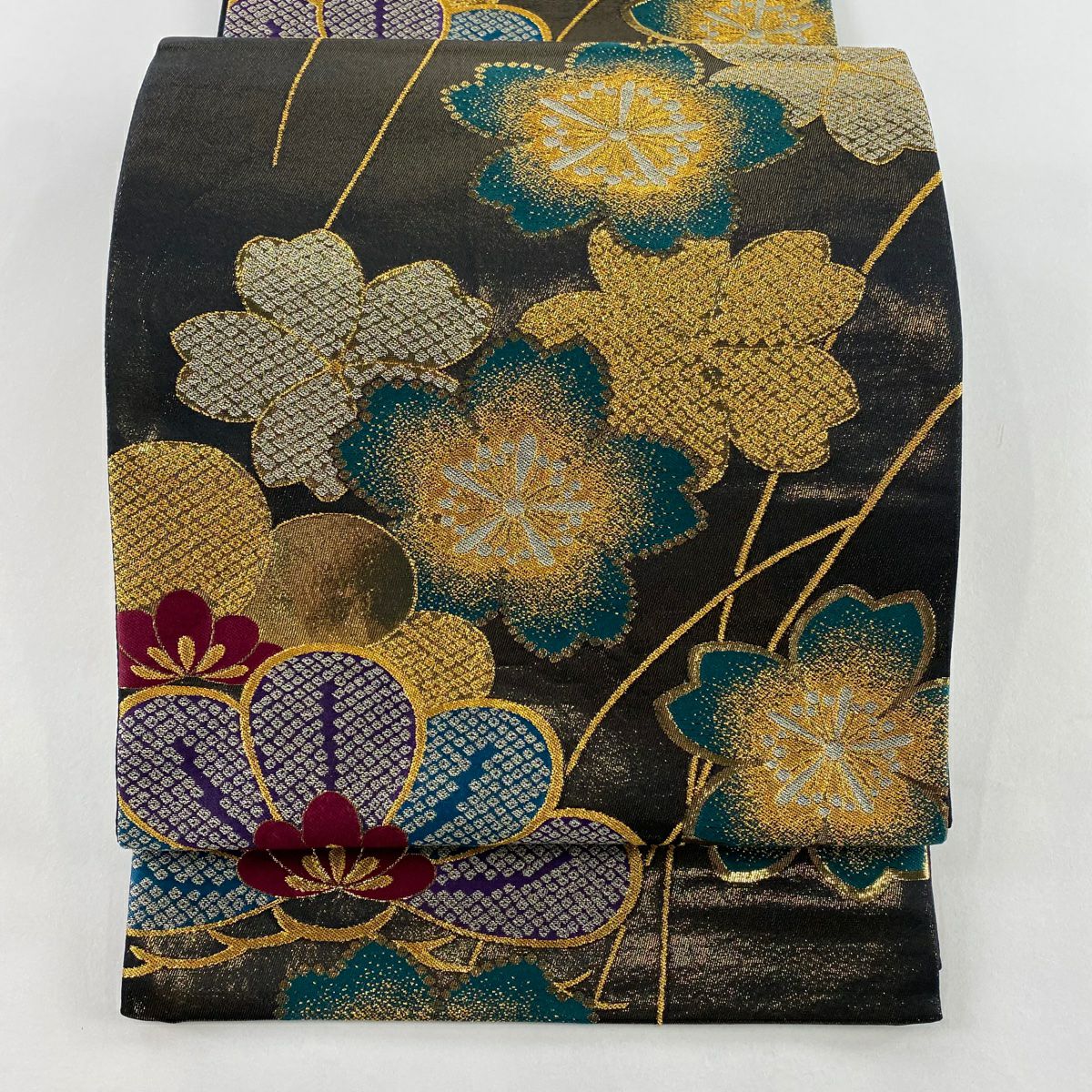 袋帯 秀品 笠松 桜 金糸 箔 黒 六通 正絹｜中古・古着・リサイクル着物