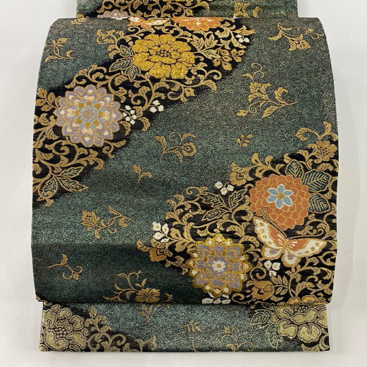 50%OFF 【美品】 袋帯 秀品 蝶 草花 金糸 箔 緑 六通 正絹 K50｜中古
