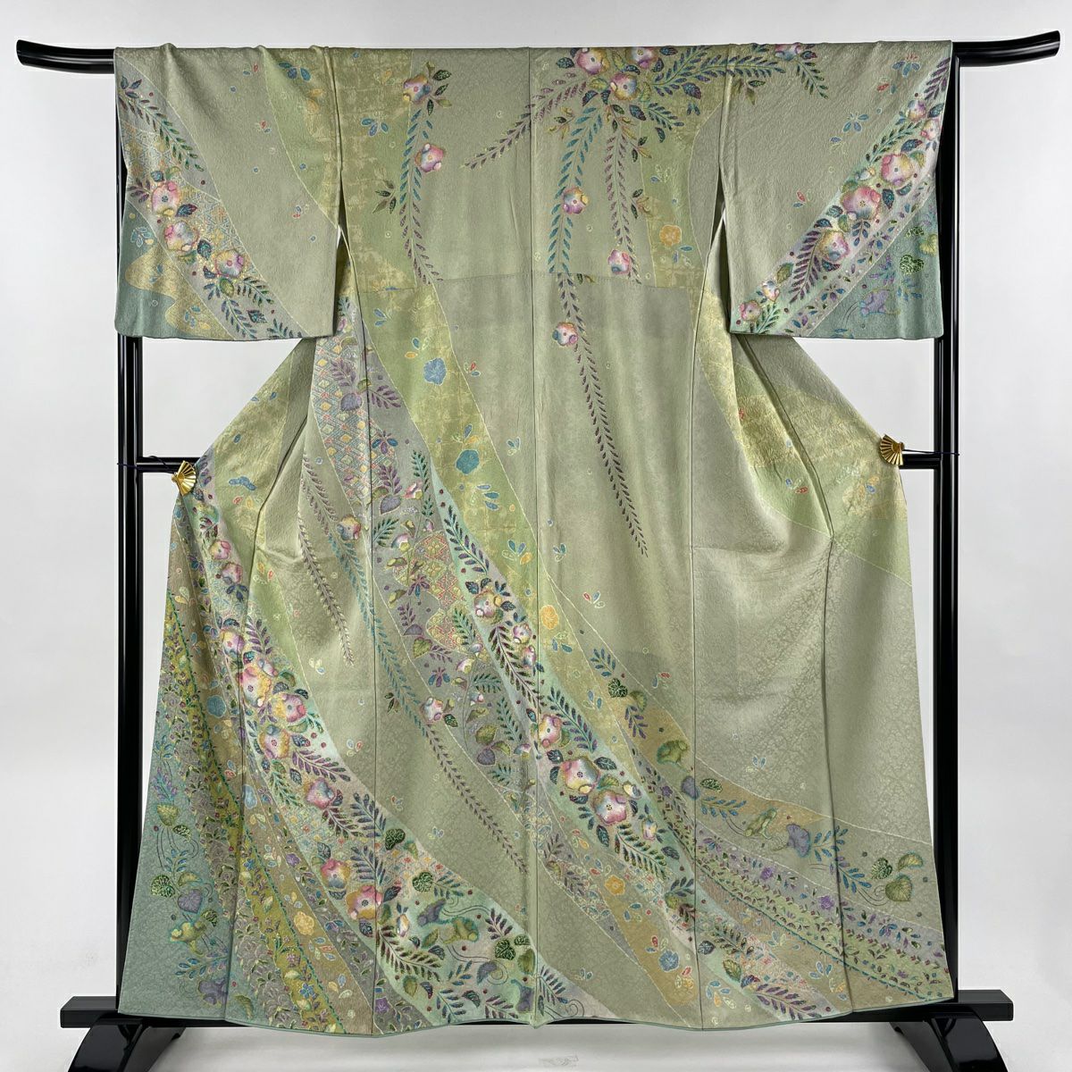 訪問着 身丈155cm 裄丈64cm M 袷 華文 花唐草 金糸 金彩 灰緑 訪問着 身丈155cm 裄丈64cm M 袷 華文 花唐草 金糸 金彩 灰緑
