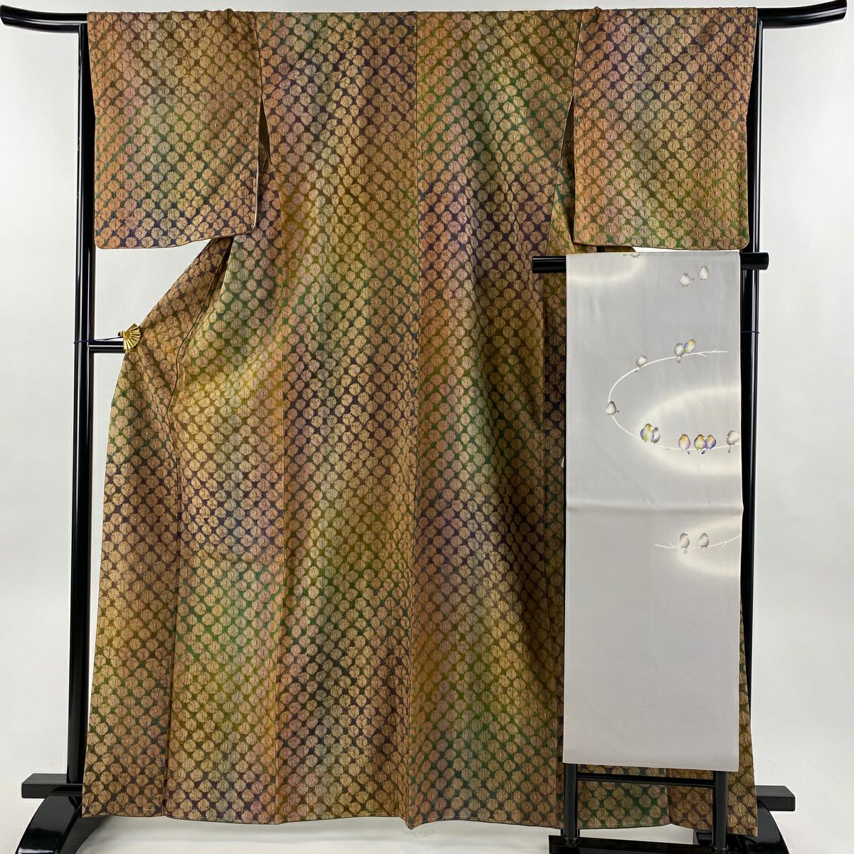 小紋 身丈161cm 裄丈70cm L 袷 袋帯セット 縞 黒灰 正絹 美品 秀品 