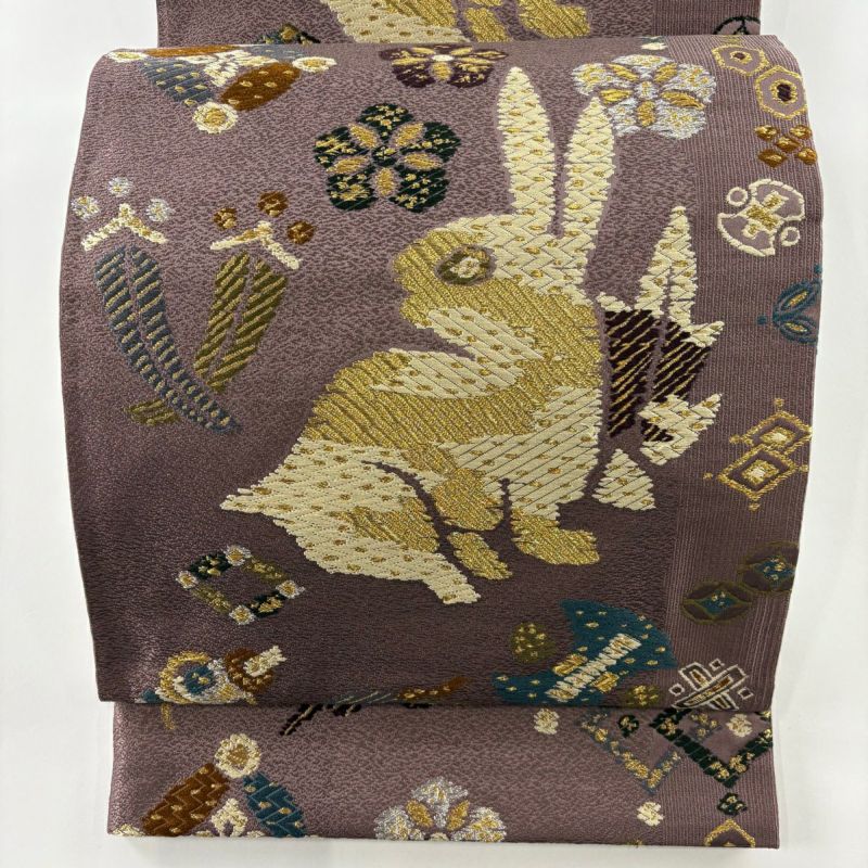 袋帯 美品 名品 兎 宝物散紋 金銀糸 箔 紫 六通 正絹｜中古