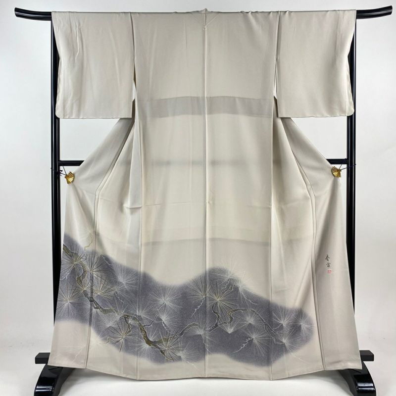色留袖 身丈167.5cm 裄丈66.5cm M 袷 落款あり 松 ぼかし 灰茶