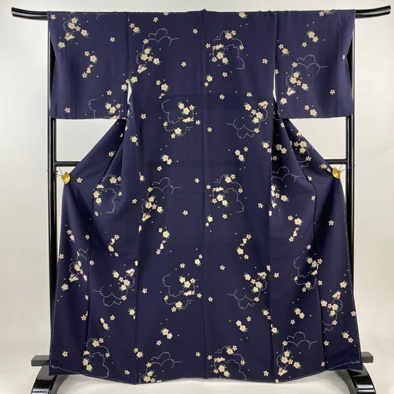 好きに 小紋 名品 正絹 濃紫 金彩 桜 うさぎ 袷 M 裄丈67cm 身丈166cm 着物・浴衣