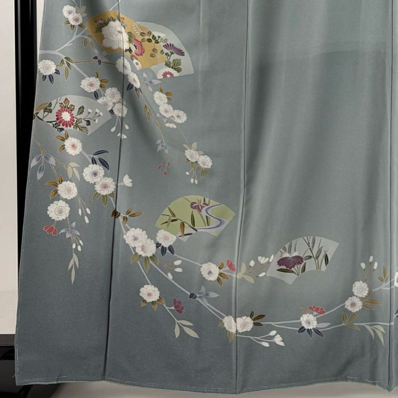 訪問着 身丈164cm 裄丈64.5cm M 袷 扇面 桜 ぼかし 青灰色 正絹