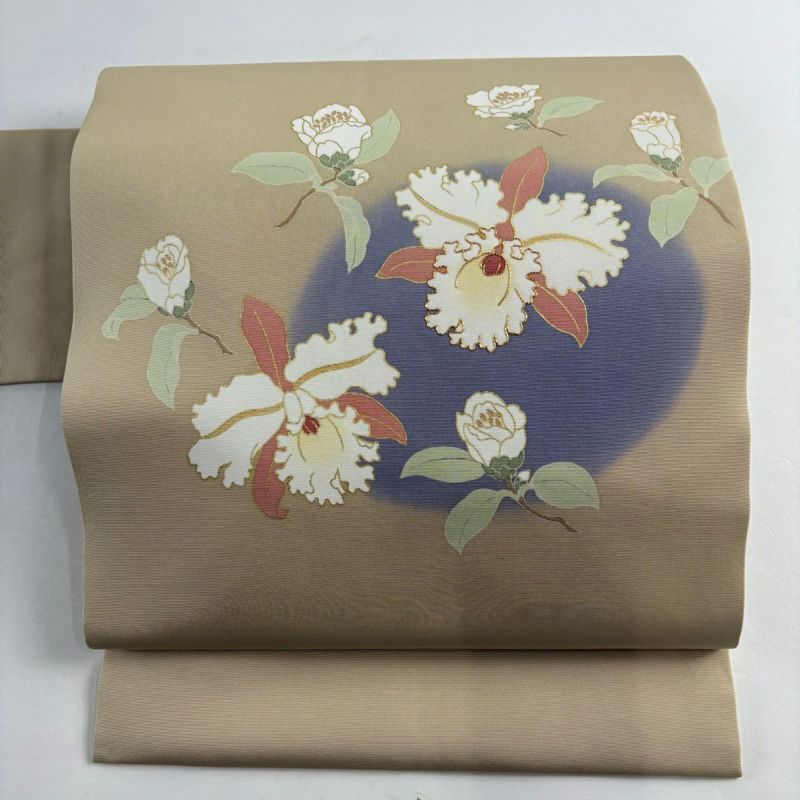 名古屋帯 美品 秀品 草花 金糸 金彩 ベージュ 正絹｜中古・古着