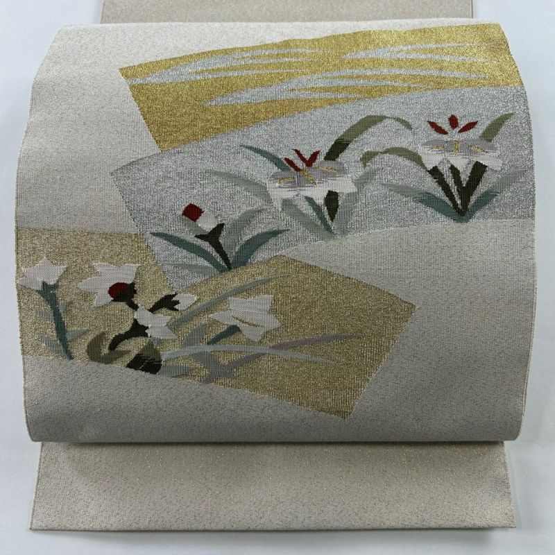 名古屋帯 美品 秀品 松葉仕立て 八寸名古屋帯 扇面 草花 金銀糸