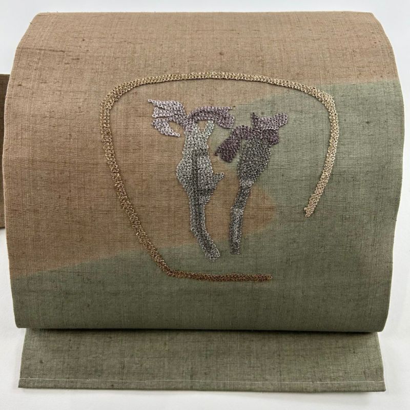 名古屋帯 美品 秀品 紬地 生り物 相良刺繍 茶色 正絹｜中古