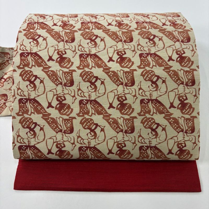 品質満点 秀品 美品 名古屋帯 紬地 正絹｜中古・古着 ベージュ 器物 人物 着物・浴衣