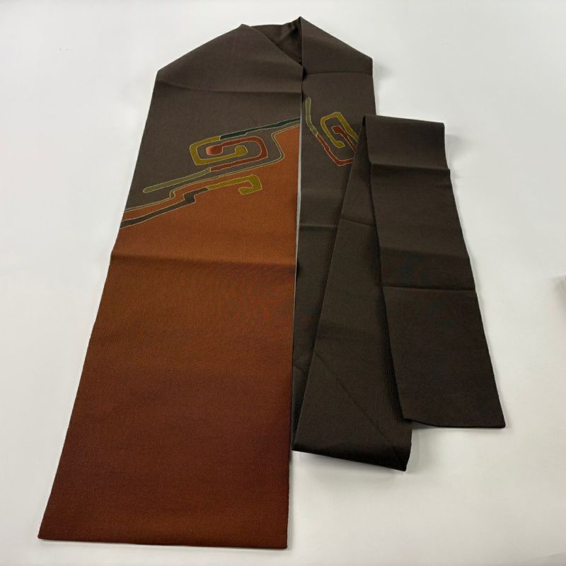 名古屋帯 美品 秀品 幾何学 金彩 縮緬 茶色 正絹｜中古・古着